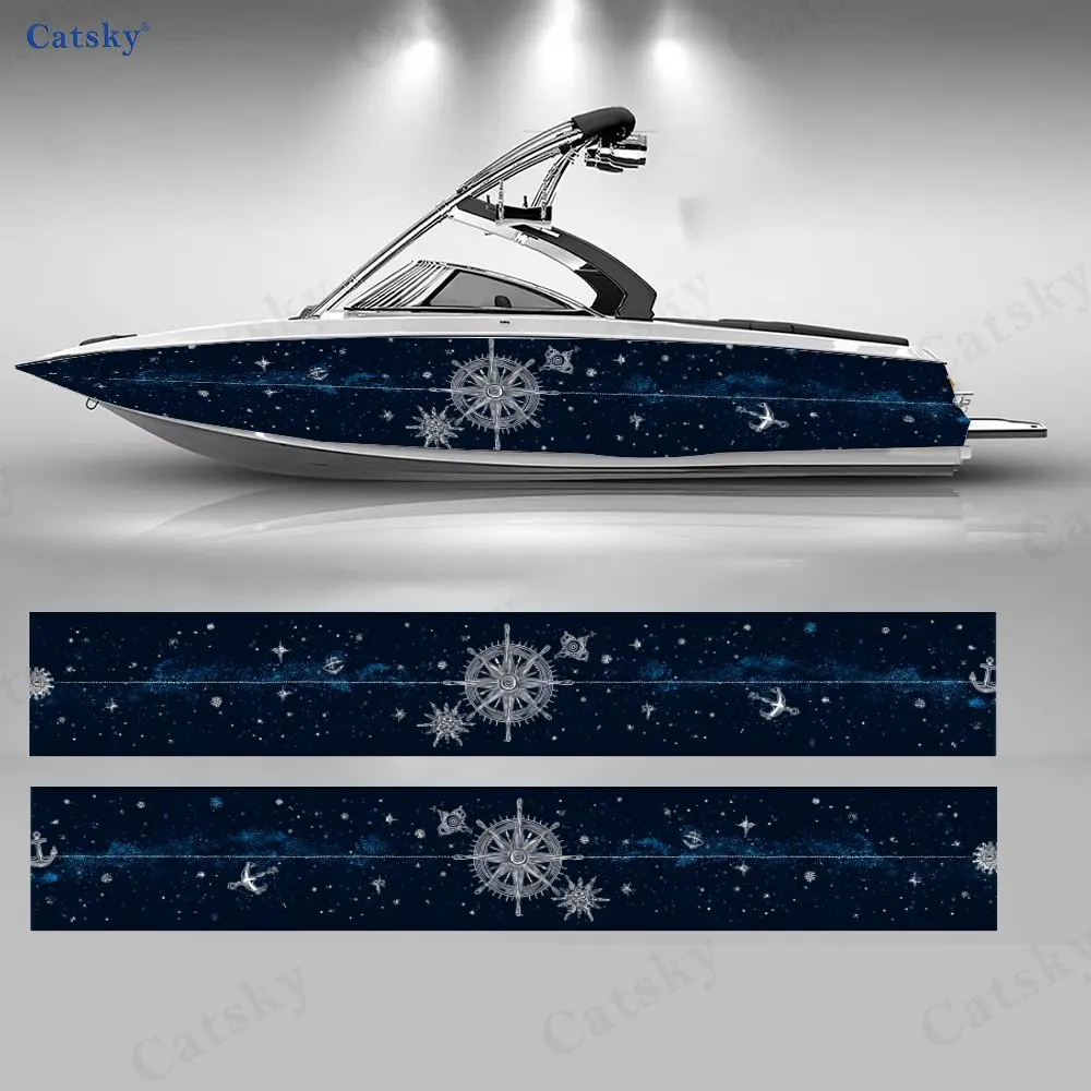 Starry Night Nautical Compass Boat Stickers, PVC Waterproof Vinyl Wrap Decals for Fishing Boats, Durable and Stylish Design