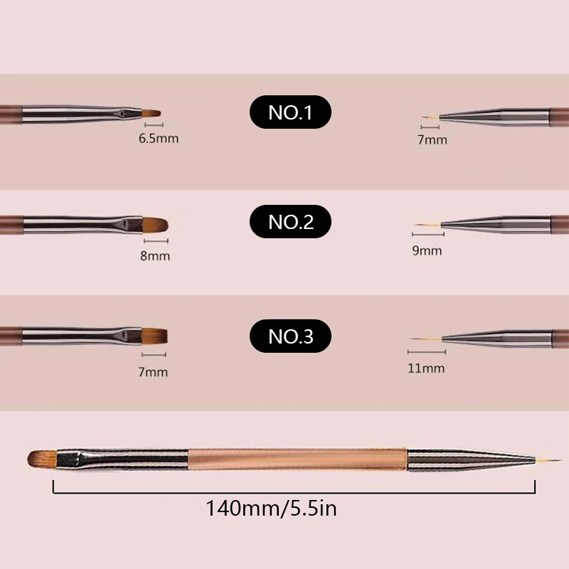 3Pcs Dual-Use Ultra-Thin Manicure Brushes Gel Gradient Nail Art Design Painting Tools with Dual-Line Drawing Pen