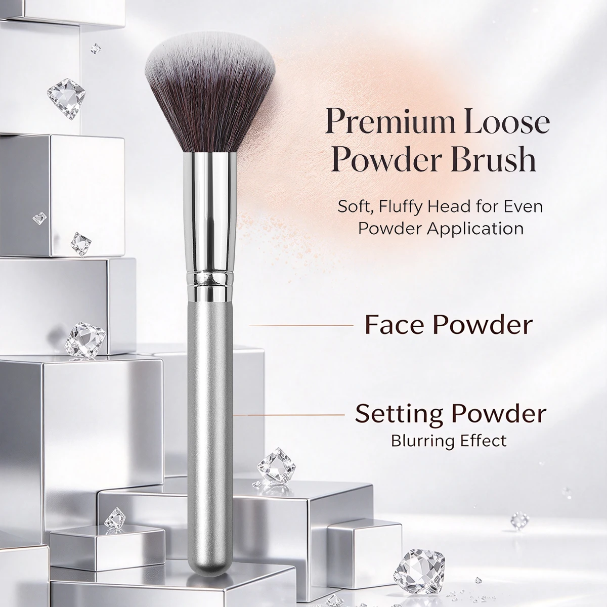 1PCS Loose Powder Makeup Brush, Silver Handle Fluffy Face Cosmetic Brush, Professional Beauty Tool for Setting Powder, Blush