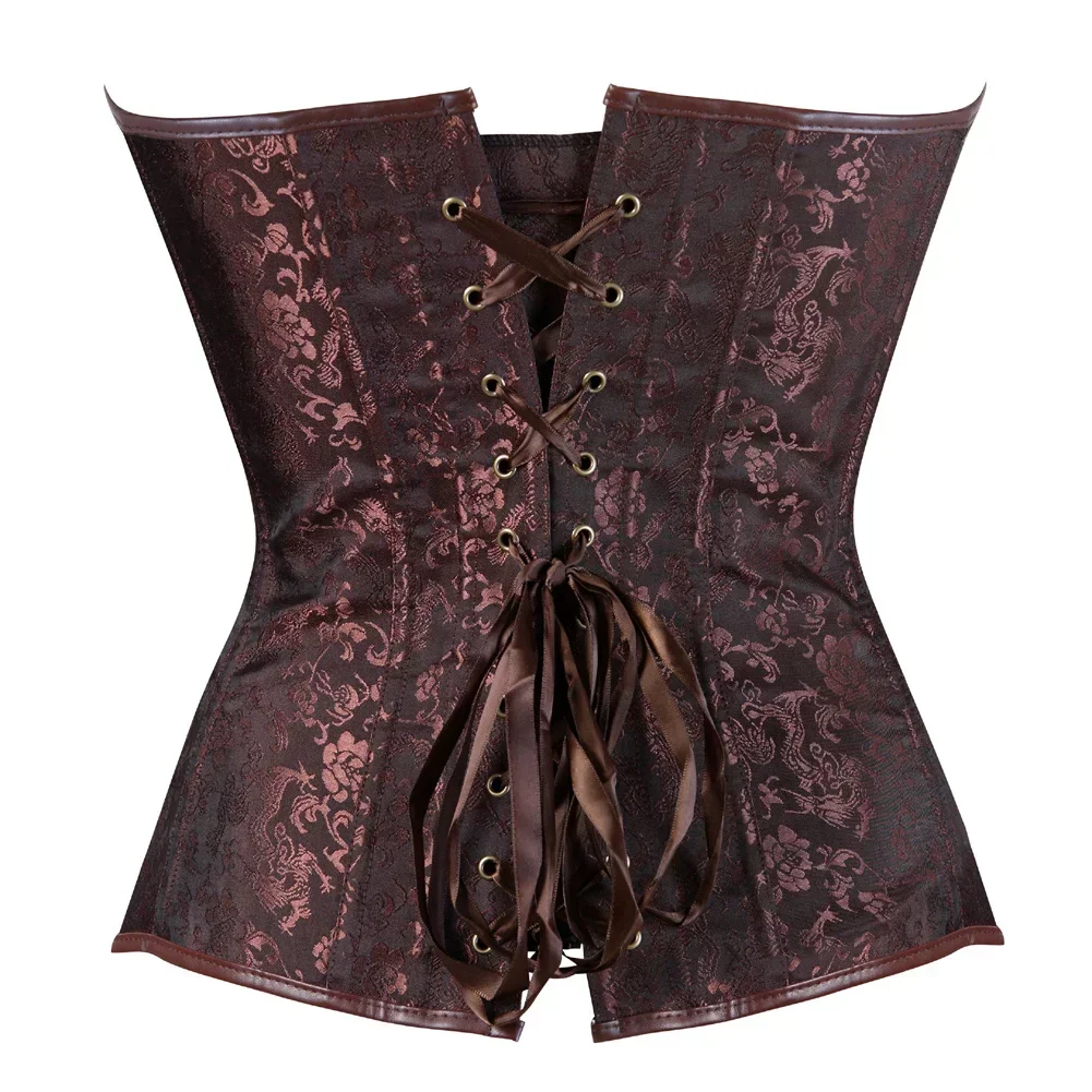 Overbust Corset Top Pirate Jacquard Vintage Corsets for Women Lace Up Corset Belt Steampunk Cosplay Costume Brown