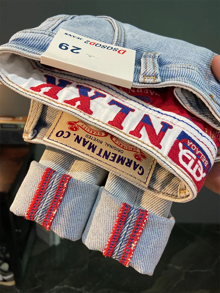 남성용 프린트 자수 여름 트렌디 브랜드 청바지, 라이트 블루, 신축성, 슬림핏, 작은 발, 얇은 바지