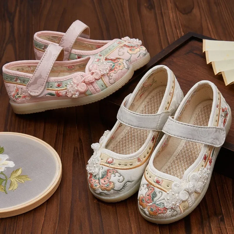 Kids Hanfu Shoes Sweet Embroidery Flower Girl Princess Shoes Fashion Chinese Ancient Style Children\'s Causal Flat Cloth Shoes