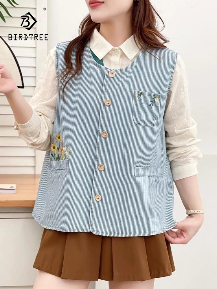 

Новый зимний джинсовый жилет 2025, женское полосатое пальто без рукавов с круглым вырезом и вышивкой, милое повседневное свободное пальто Mori Girl во французском стиле ретро C5N782CC