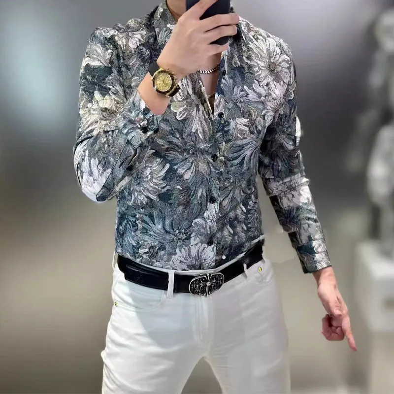 Camisa estampada de moda para hombre, camisa de manga larga con cuello vuelto, ropa Vintage de un solo pecho, primavera y otoño