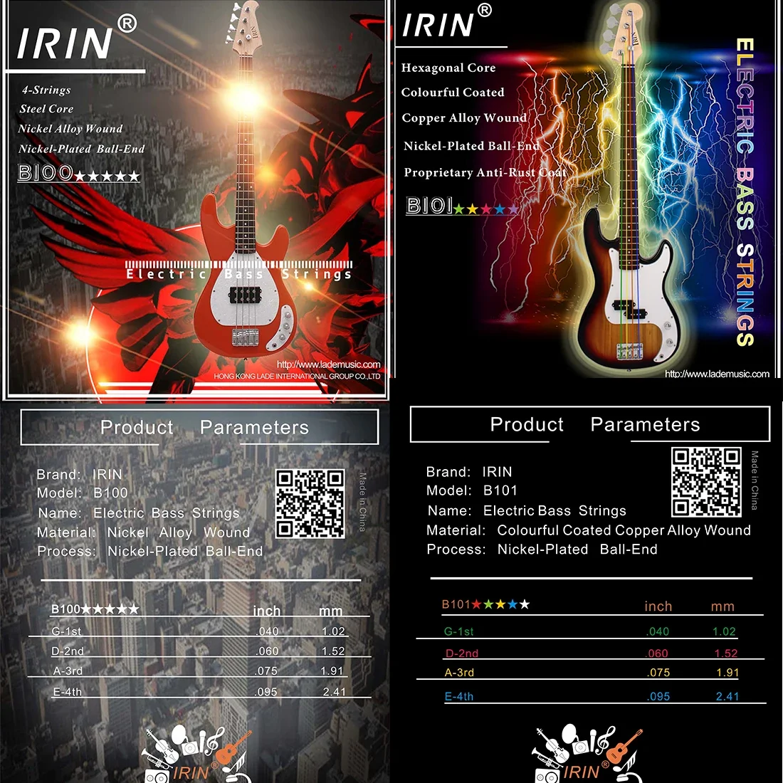 IRIN Electric Bass Strings Professional Stringed Instrument Accessory Steel Core Nickel Copper Alloy Wound Electric Bass Strings