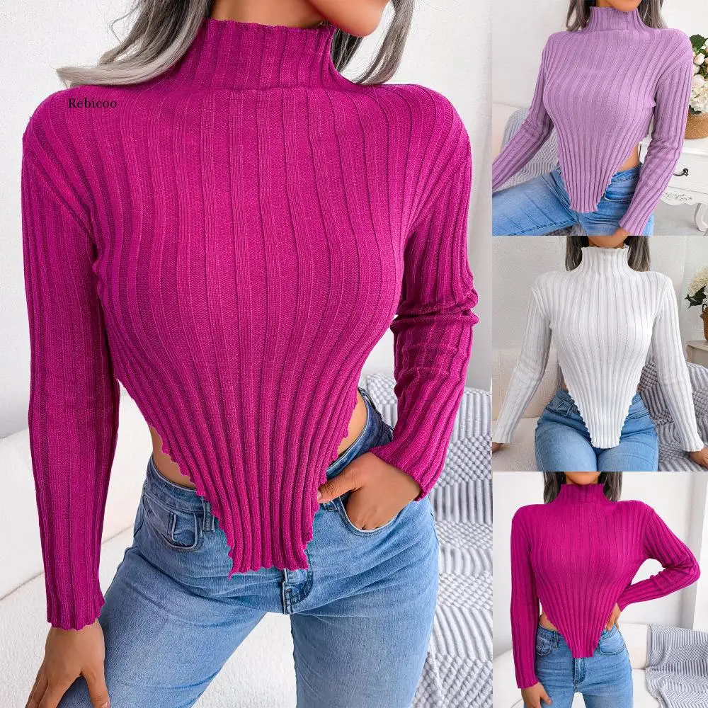 Sweaters For Women Fashion 2022 Autumn Long Sleeve Fashion Knitted Sweater Womens Stand Collar Plain Slim Fit Top White Purple