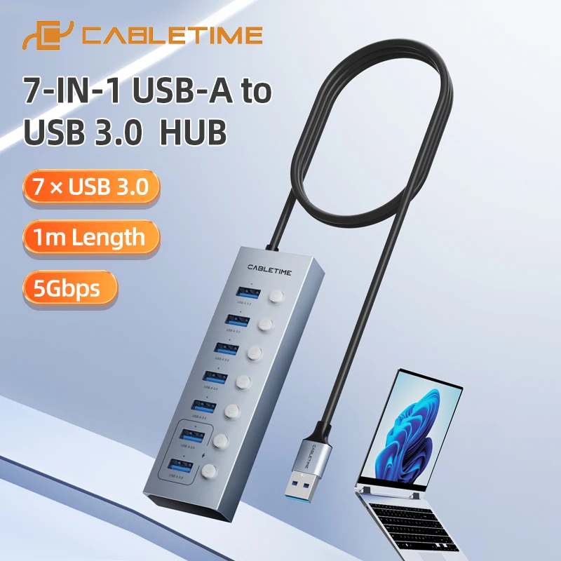 CABLETIME 7 Port Powered USB 3.0 Hub Splitter With Long Cable For Laptop PC C501