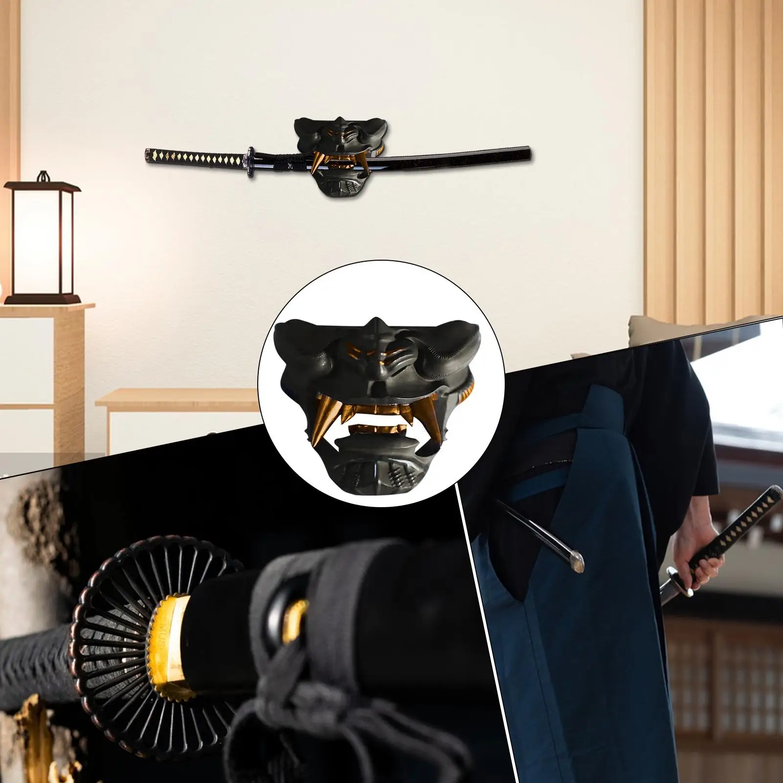 Wall Mount Wooden Sword Stand Holder Samura Katana Tanto Sword Hook Hanger Adjustable Display Rack Resin Devil Ghost Mask Stand - view 6