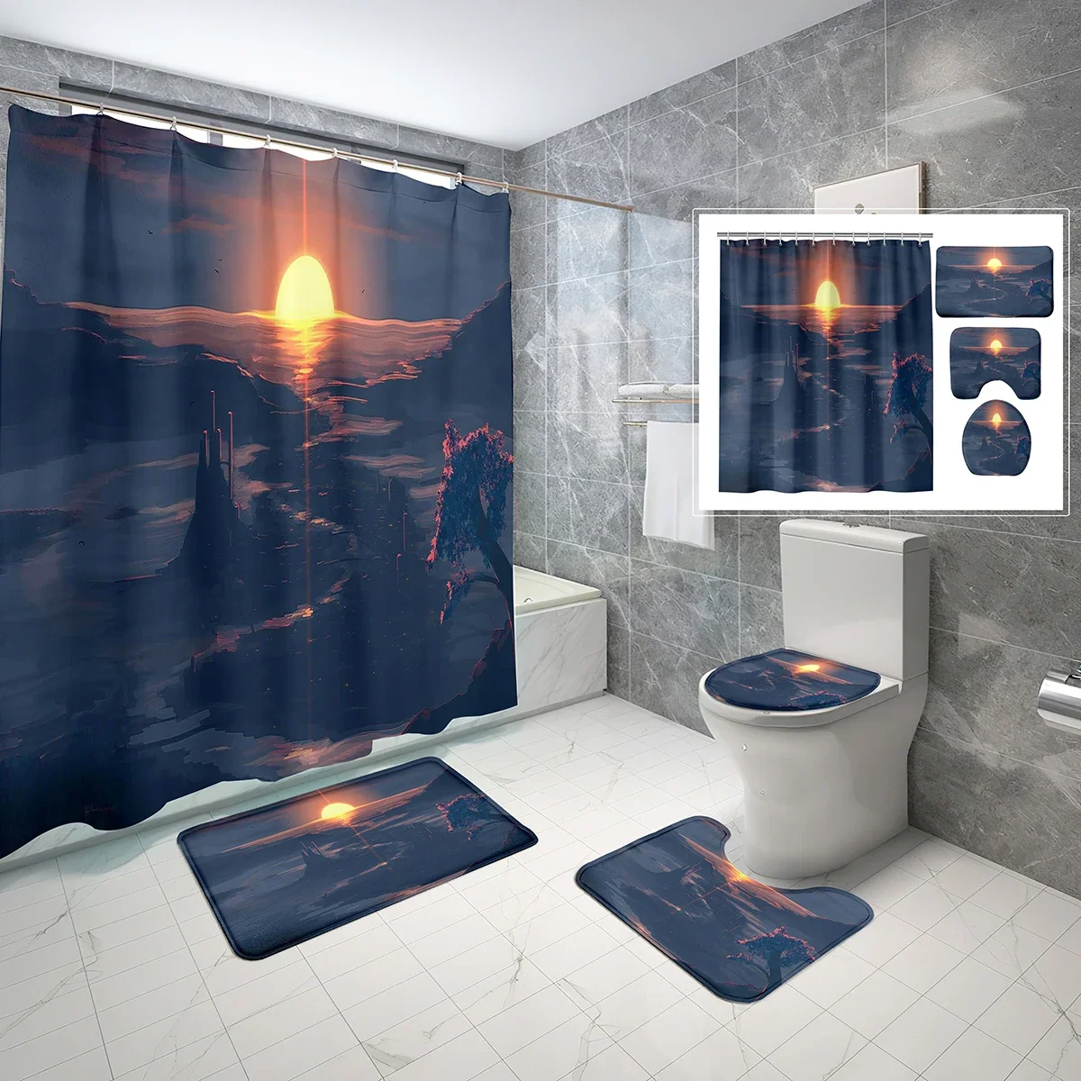 4 Pcs Sunrise Shower Curtain Sets with Toilet Lid Cover and Bath Mat Sun Mountains Orange Scenic Waterproof Bathroom Decor Sets