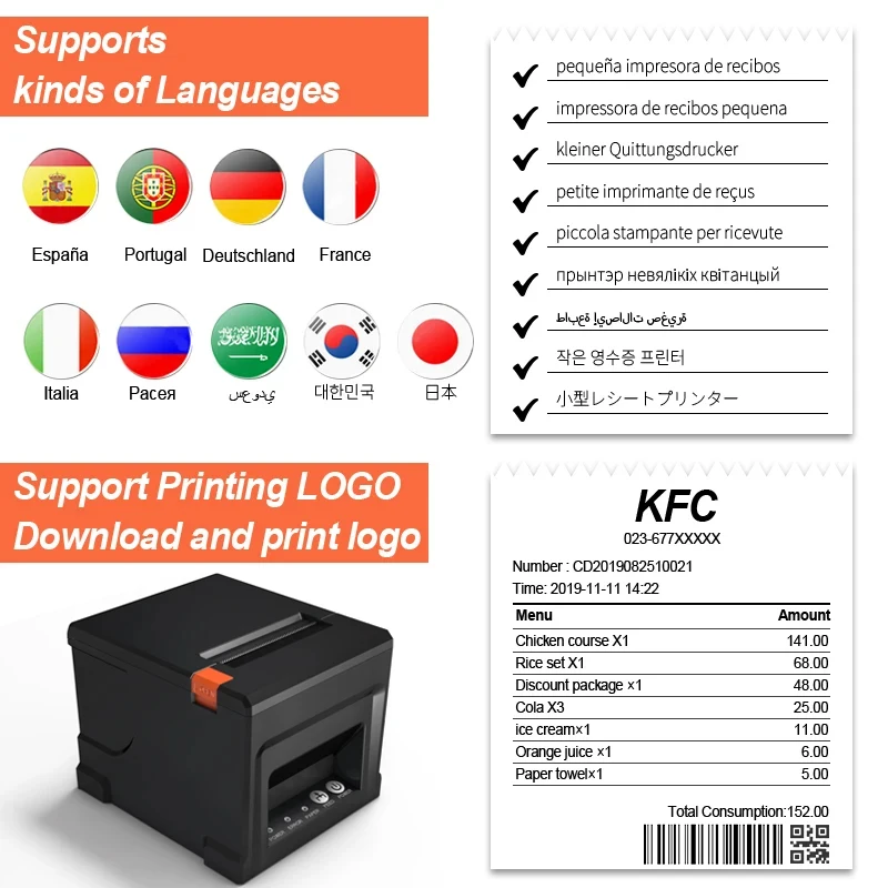 80mm Thermal Receipt Printer Automatic Cutter Restaurant Kitchen Multi-Functional POS Printer USB LAN Bluetooth Desktop Printer