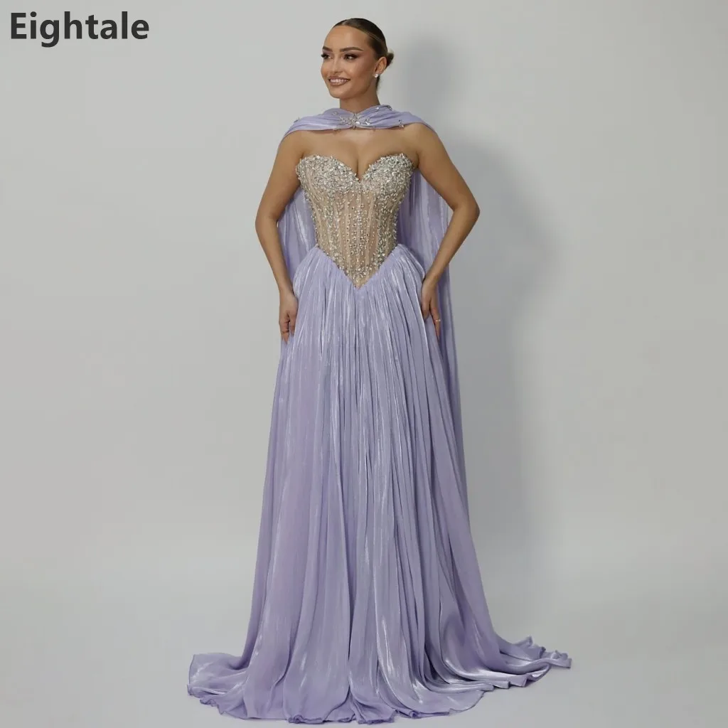 

Eightale 2026 Lavender Strapless Evening Dress Beaded Sheer Corset Pleated Prom Dress with Cape Formal Party Gown Customized