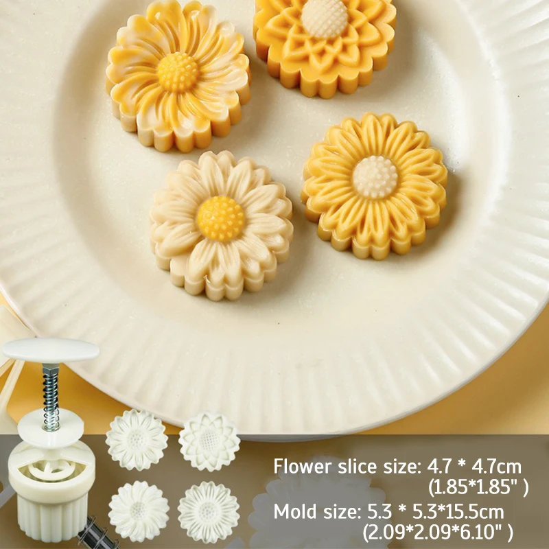 4Pcs/Set 50g Mooncake Hand Press Plunger Mold Daisy Flower Shape Cookie Stamp Home DIY Kitchenware Cakes Decorations And Tools