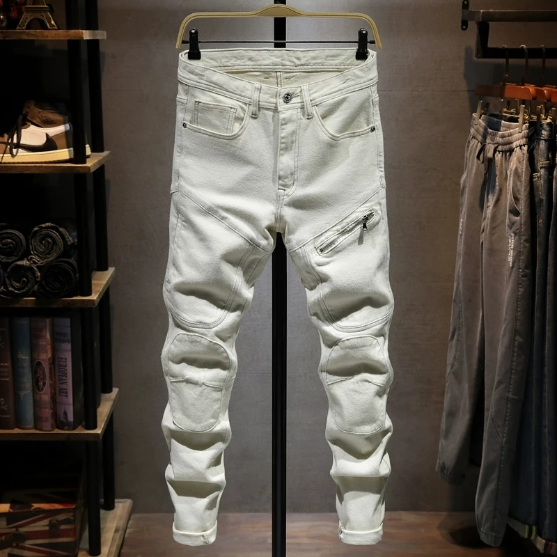Fashion designer men's high-quality light blue elastic casual retro jeans men's zipper pocket splicing Y2K denim pants