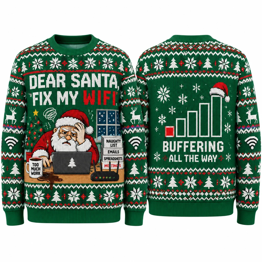 Elf Support Ticket 404 Santa Sweatshirt Men Funny IT 3D Print Christmas Crew Neck Pullover Ugly Xmas Long Sleeve Holiday Party