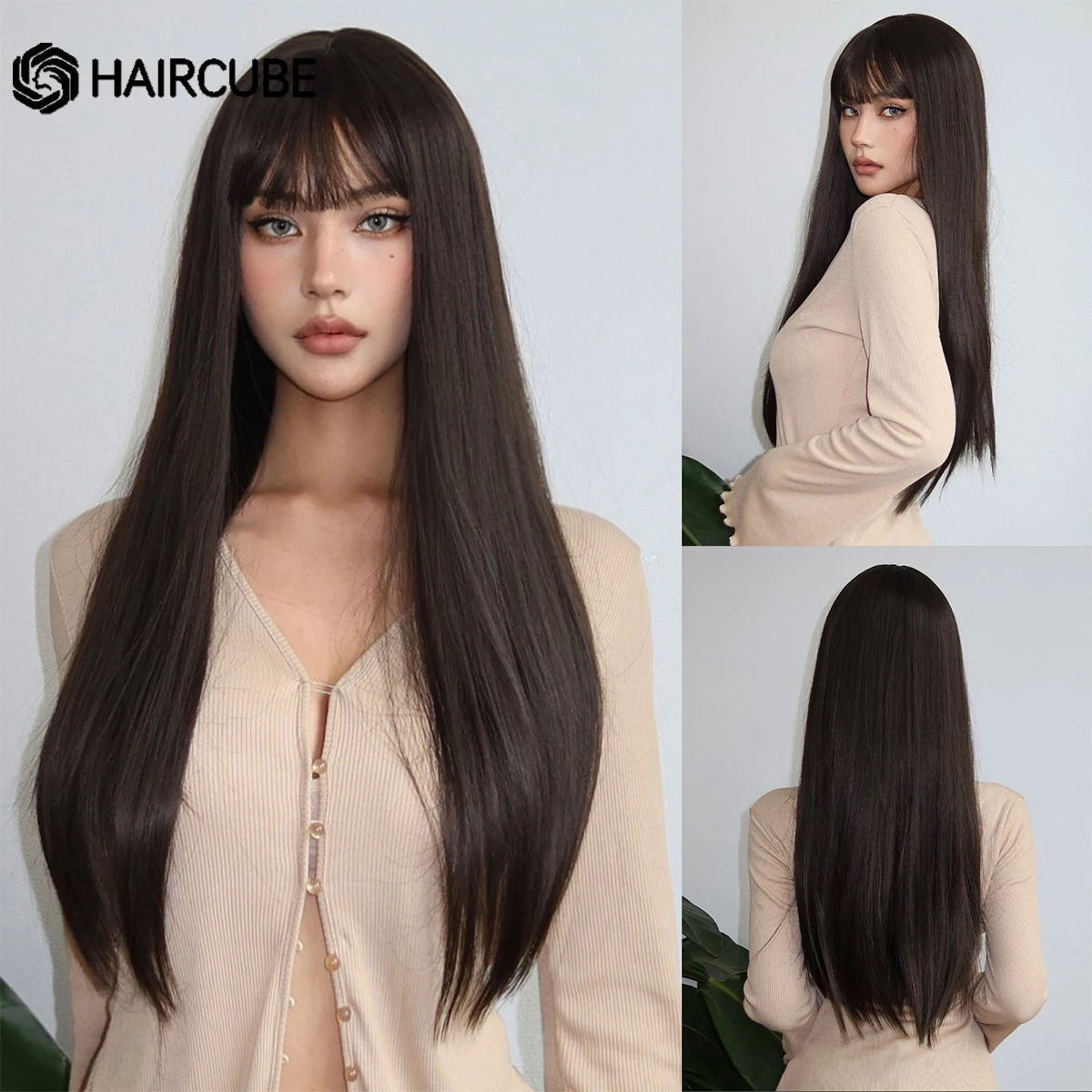 Long Brown Synthetic Wigs for Black Women Straight Softy Hair with Bangs High Temperature Fiber Fashion Natural Christmas Party