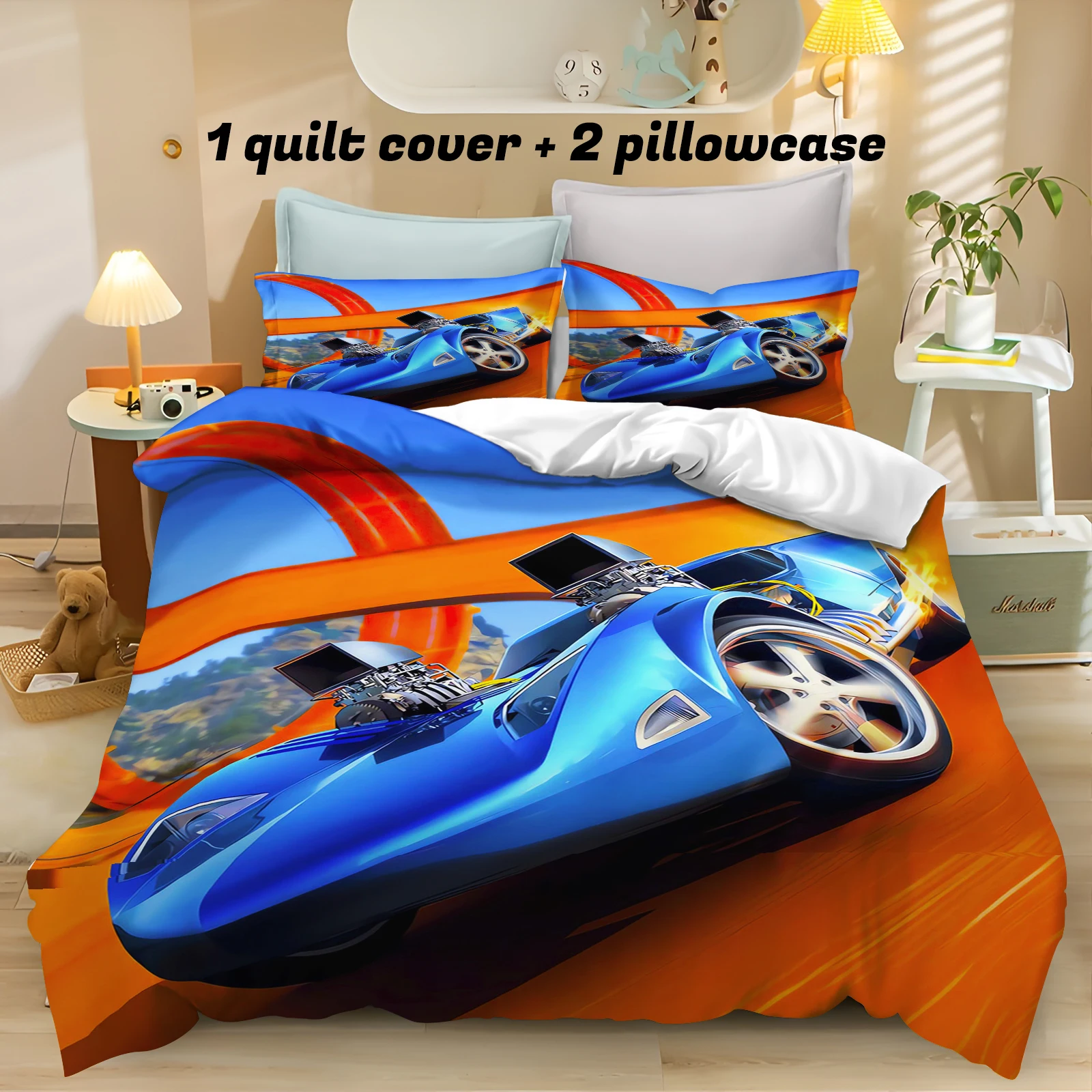 Cartoon Hot-wheel Duvet Cover Home Pillowcase Set Adult Bedroom Children Comforter Bedding