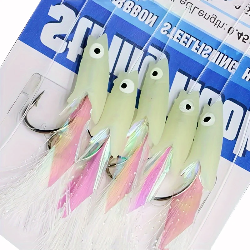 5/25 Uds. De aparejos Sabiki de agua salada, anzuelos de cuerda de pesca con cebo de camarón suave, línea de cuentas brillantes para pesca nocturna, Surf, roca, agua salada