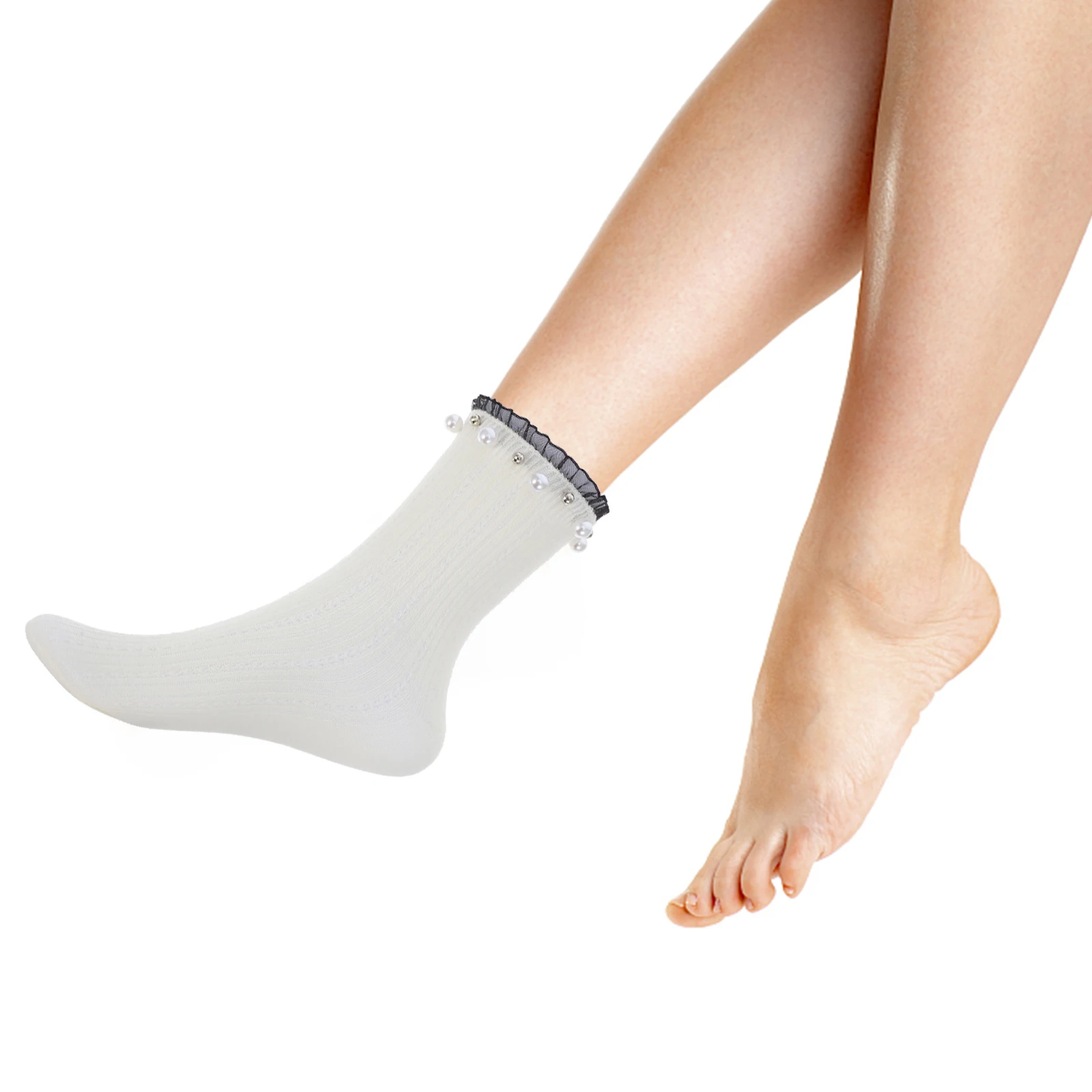 

Pearl Socks White Ankle Frill Lace Ruffle Medium Tube Pile Cotton Japanese Soft Cozy Elastic Cotton Socks Breathable