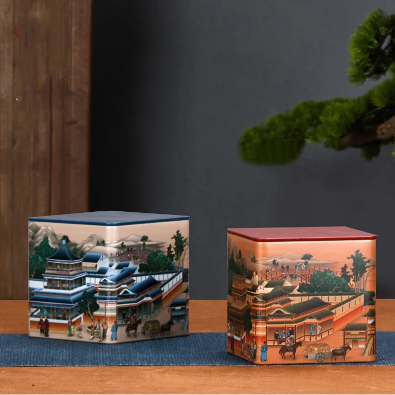 Creative Square Tea Jar Tinplate Storage Jar Chinese Candy Jar with Lid Storage Box Living Room Decoration Home Decoration