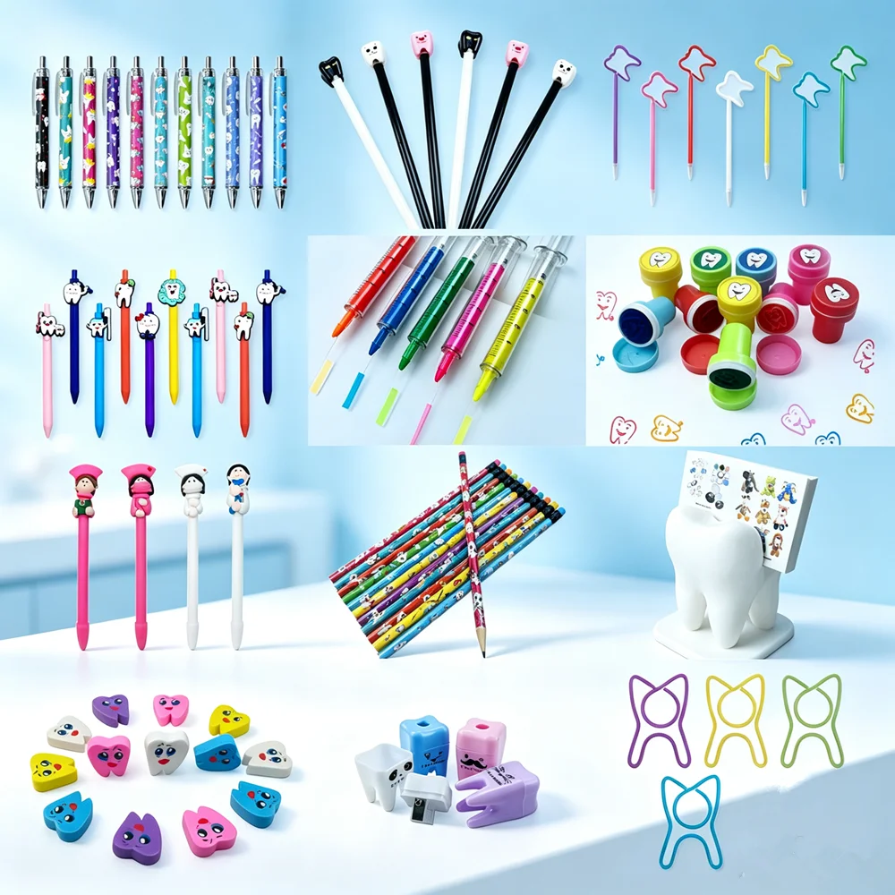 Multiple Types Dental Tooth Shaped Stationery Ballpoint Pen Oil Pen Highlighters Stamp Card Holder Paper Clips Pencils Erasers