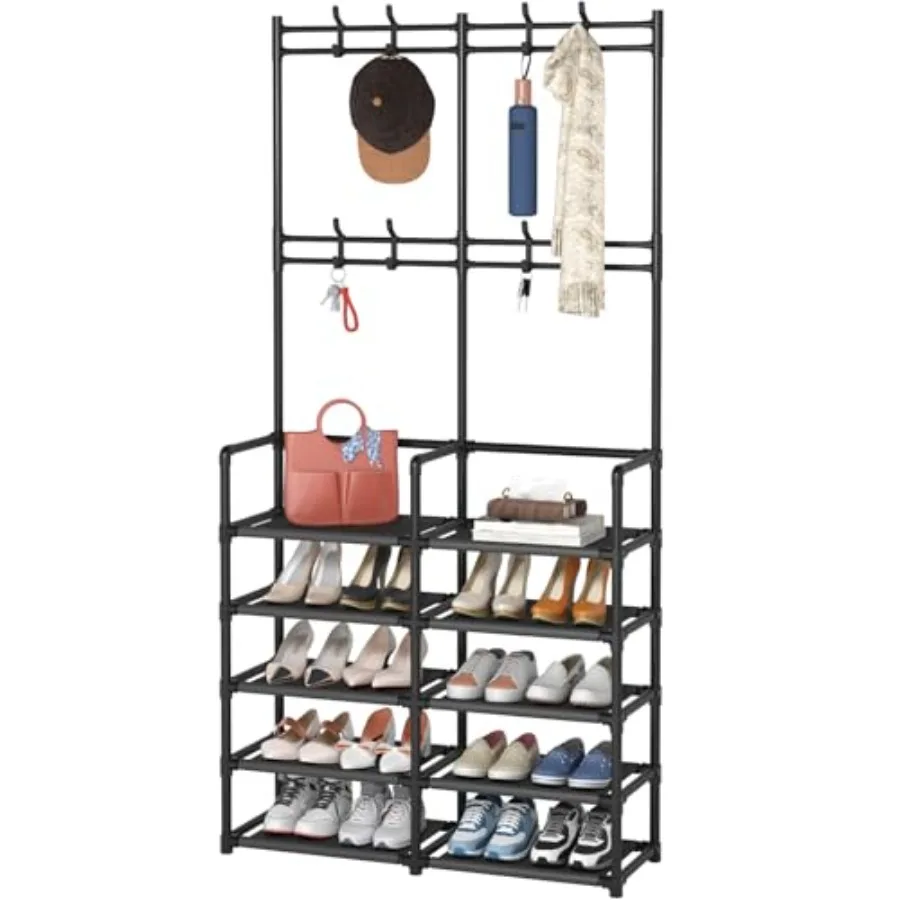 

5-Tier Entryway Coat Rack Coat and Shoe Rack Entryway Bench Storage Organizer with 8 Hooks for Bedroom Hallway Office Black