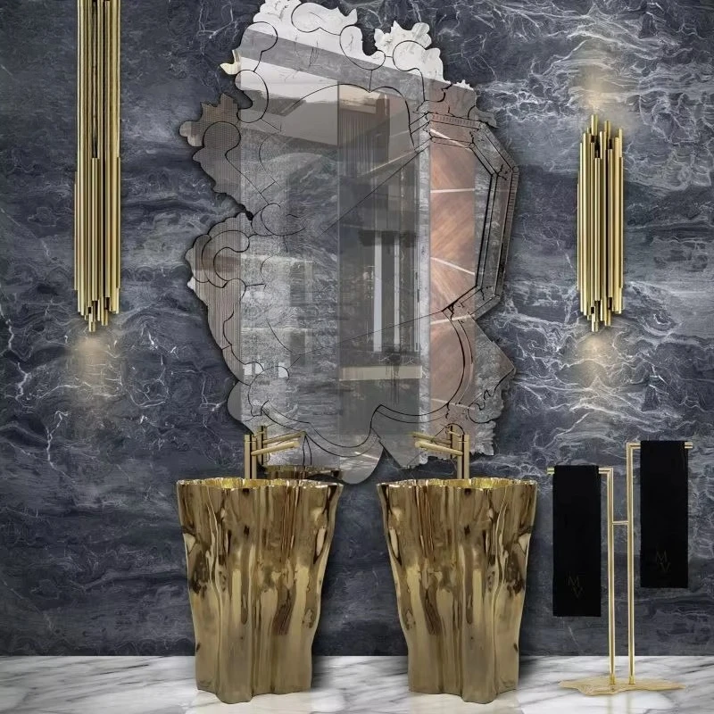 Customized  Luxury Bathroom Furniture Gold Stainless Steel Tree Stump Shape Modern Washbasin Freestanding