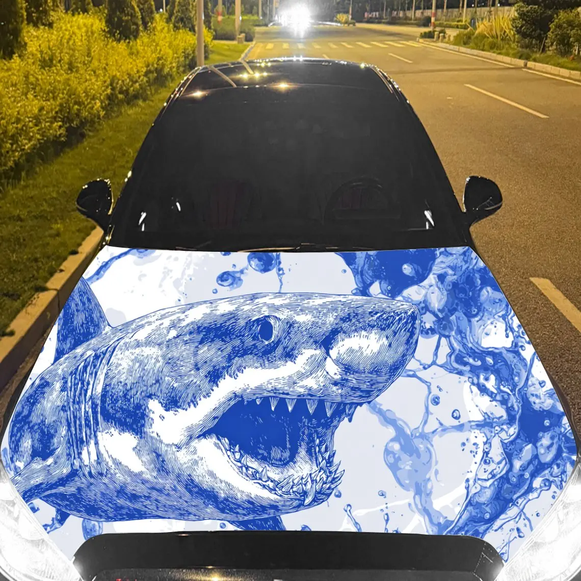 

Car Decal Great White Shark with Blue Ocean Realistic Textured Motif in Artistic Marine-Intense Style - Bold Aquatic Captivating