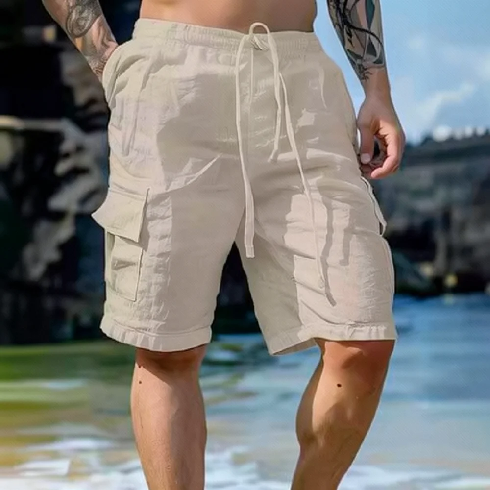 Mens Cotton Linen Blend Shorts Summer Casual Breathable Elastic Drawstring Waist Straight Fit Loose Beach Daily Wear Pants