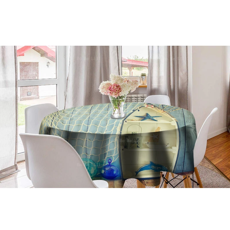 Ocean Style Marine Deck Boat Anchor Starfish Fish Net Design Retro Sailing Round Tablecloth By Ho Me Lili For Tabletop Decor