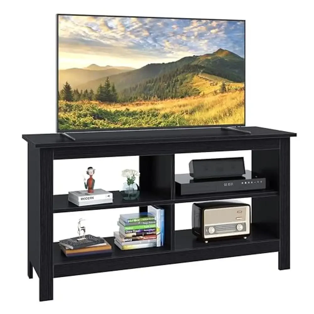 

Modern Black TV Stand Storage Shelves 50 inch Entertainment Media Console Bedroom Living Room Open Cubby Spaces Compact Design