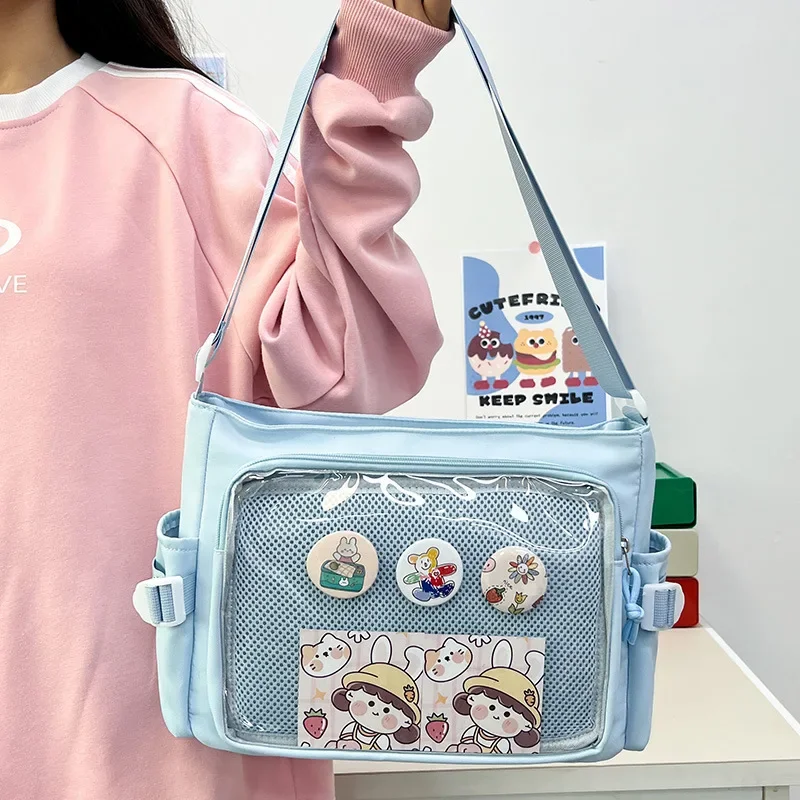 Cute Blue Ita Bag with Clear Front Window and Display Pocket for Custom Anime Pins, Badges, Keychains, and Kawaii Charms