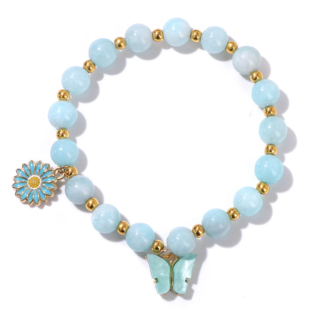 Blue Amazonite Stone Bead Bracelet Butterfly Flower Charm Bracelet Handmade Reiki Gem Crystal Bangle Party Wedding Jewelry Gift