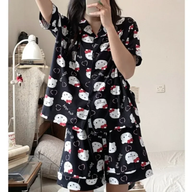 Conjuntos de pijamas negros con estampado de Hello Kitty para mujer, ropa de dormir para niñas, pantalones cortos de manga corta, pantalones, ropa de casa, traje para prendas de vestir exteriores de verano