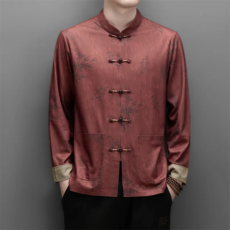 Bamboo Pattern Print Shirts For Men Long Sleeve Softness Casual Autumn Quality Frog Button Tang Costume Luxury Camisas De Hombre