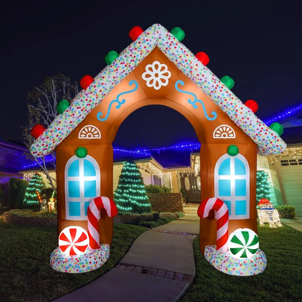 Maison gonflable de pain d'épice de noël avec lumières LED, arc de bonbons gonflable pour cour extérieure, décoration de fête de vacances sur pelouse