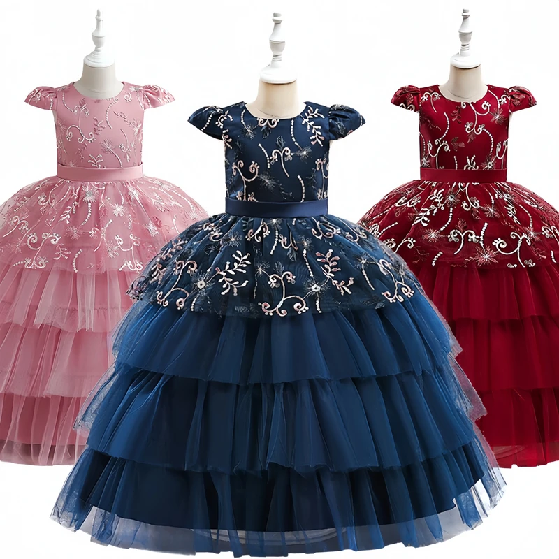 

2024 Formal Children's Tiered Tulle Embroidered Dress for Girls Kids Host Gala Wedding Bridesmaid Ceremony Show Elegant Dresses