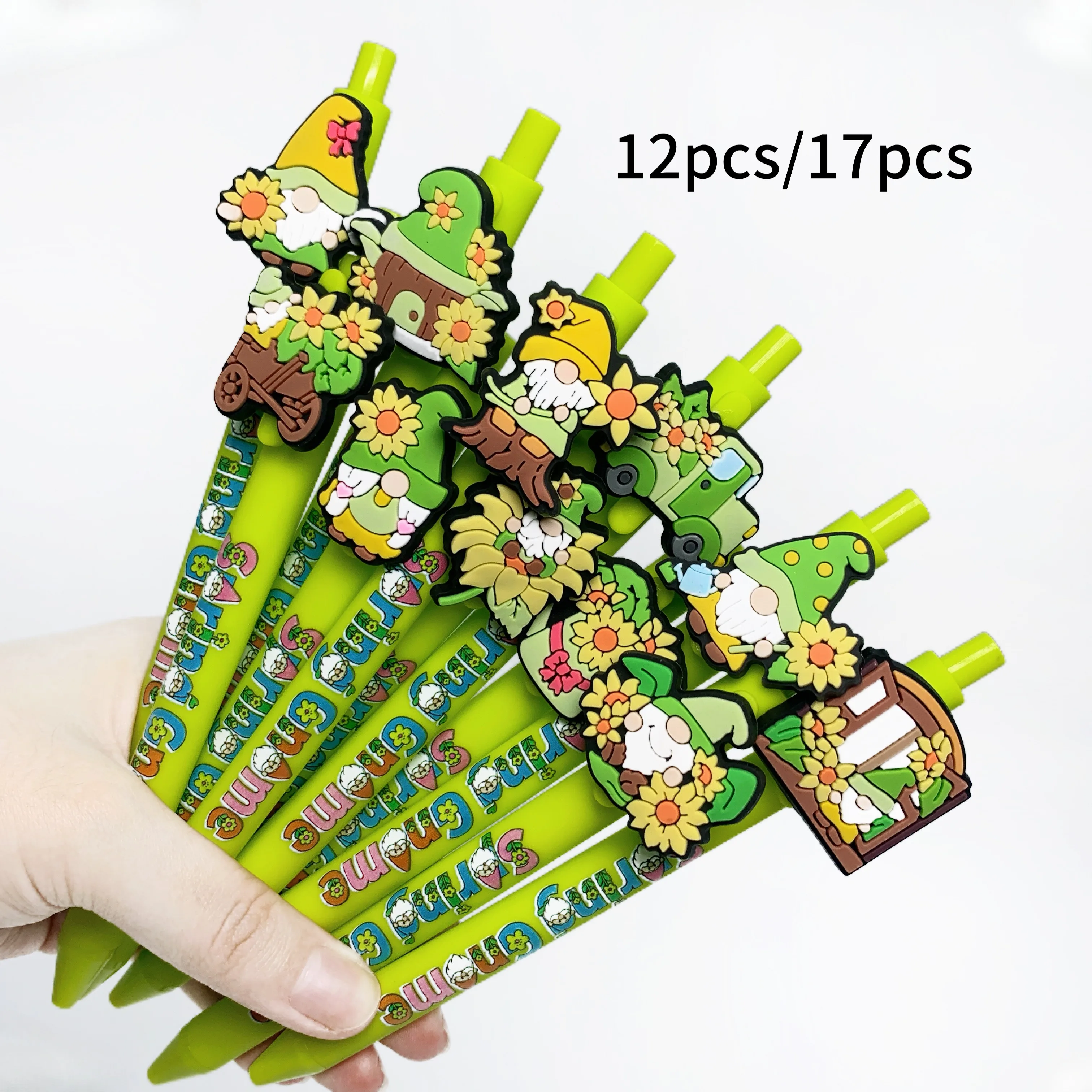 

12pcs/17pcs Green Gnome of Life Series Ballpoint Pens, Creative Spring Flower-shaped Office Signature Pens