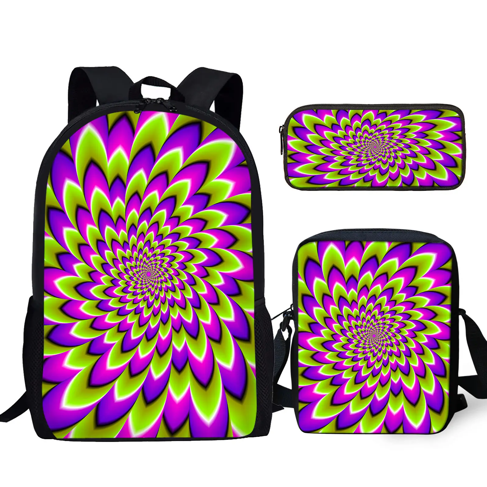 3D Bunte Psychedelic Gedruckt 3 Teile/satz Student Campus Büchertasche mit Mittagessen Tasche Bleistift Tasche Jungen Mädchen Casual Lagerung Rucksack