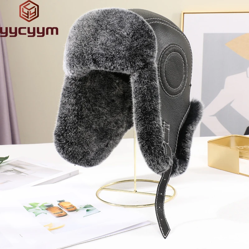 2024 Fashion Men\'s 100% Natural Rex Rabbit Fur Bomber Hats Winter Russian Man Warm Real Sheepskin Leather Hat Male Real Fur Caps