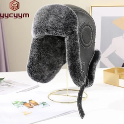 2024 Fashion Men's 100% Natural Rex Rabbit Fur Bomber Hats Winter Russian Man Warm Real Sheepskin Leather Hat Male Real Fur Caps