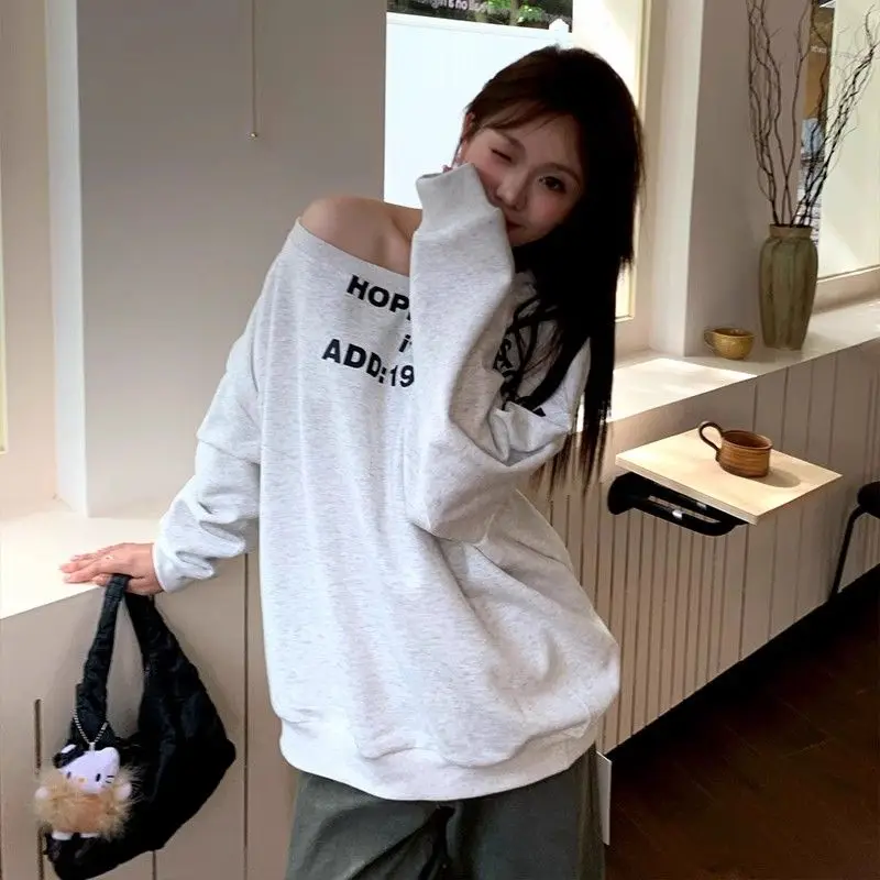 Tonngirls American Retro Print Letter Hoodies Women Off Shoulder Y2k Vintage Sweatershirts Hip Hop Jepanese Streetwear Autumn