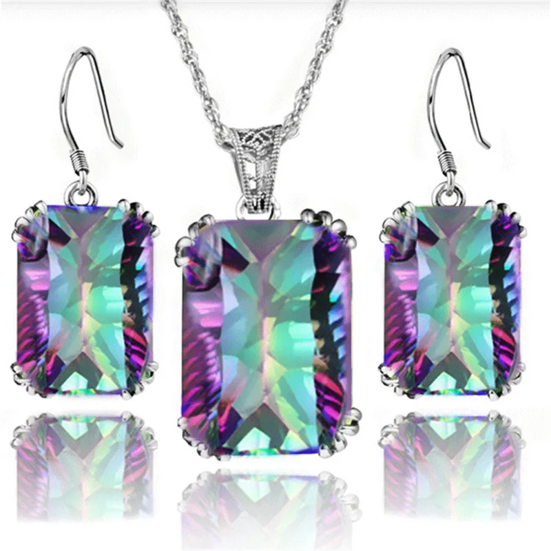 Retro Silver Necklace Earrrings Jewelry Sets for Women Ladies Wedding Engagement Big Square Crystal Zircon Pendant Hooks