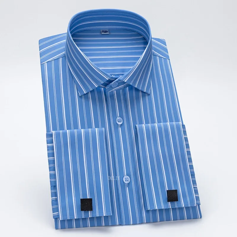 2025 Windsor Collar Slim Fit Modal  New Men\'s French Shirt Long Sleeve Business Dress Cufflink Striped Shirt No Pocket