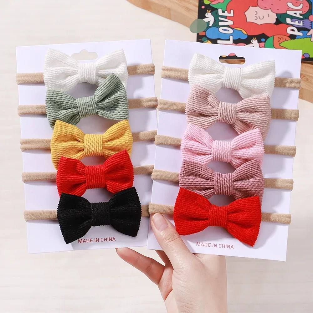 

5Pcs/Set Elastic Baby Headband Solid Corduroy Ribbon Bow Headscarf Hairband Newborn Cute Knitted Headband Babe Hair Accessories