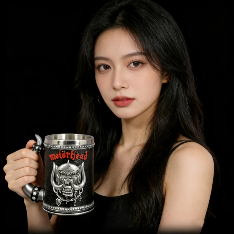 Unique Gothic Horn Handle Mug - 3D Embossed Demon Skull Pattern, Premium Stainless Steel Liner, Durable Rustic Coffee Cup