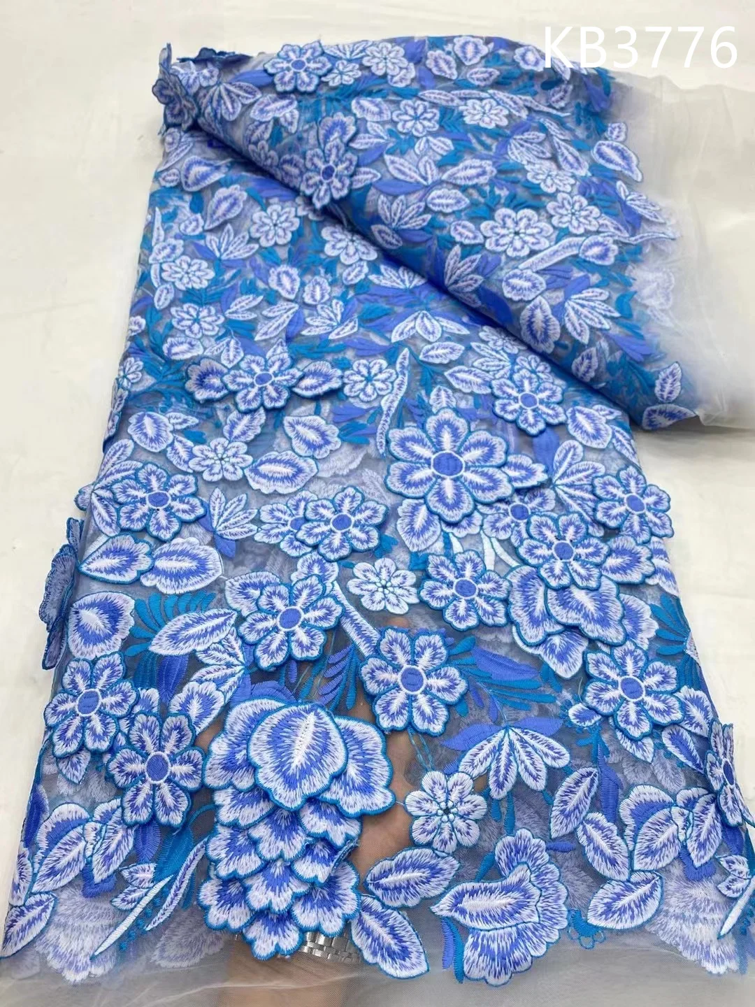 African 3D Flower Lace Fabric, Africa Lace Fabric 5 Yards High Quality 2024, Blue Green Lace Nigerian Fabric, For Sewing, KB3776