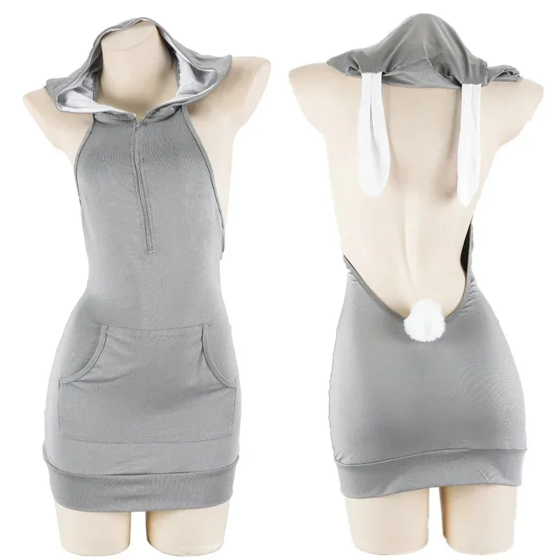 

Anime Bunny girl Cosplay Costume Women Sexy Backless Hooded Dress Kawaii Cute Zipper Hoodie Nightdress Pajamas Halloween Clothes