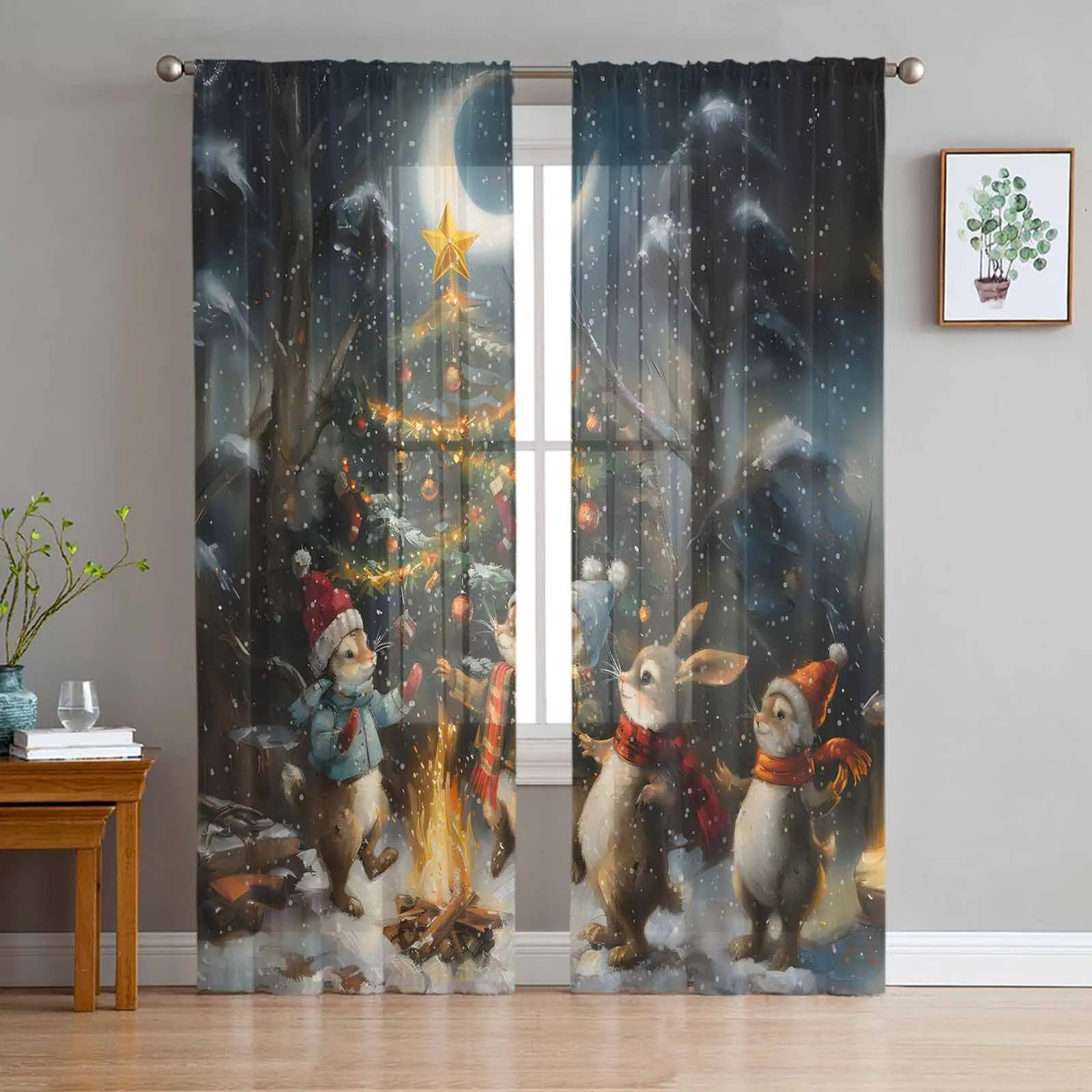 Christmas Tree Colorful Forest Moon Bonfire Animals Sheer Curtains Gauze Curtain for Living Room Bedroom Voile Yarn Curtains