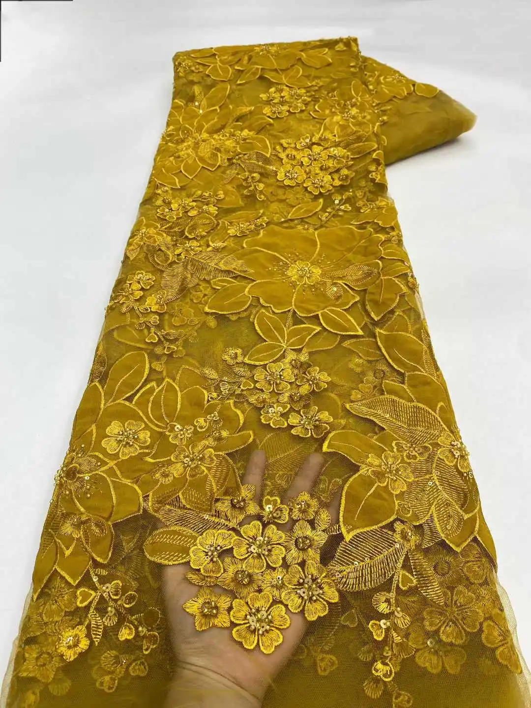 

2026 New Design Luxury Flower Beaded Sequence Lace Design African Sequins Fabric Beaded for Wedding Party Dress