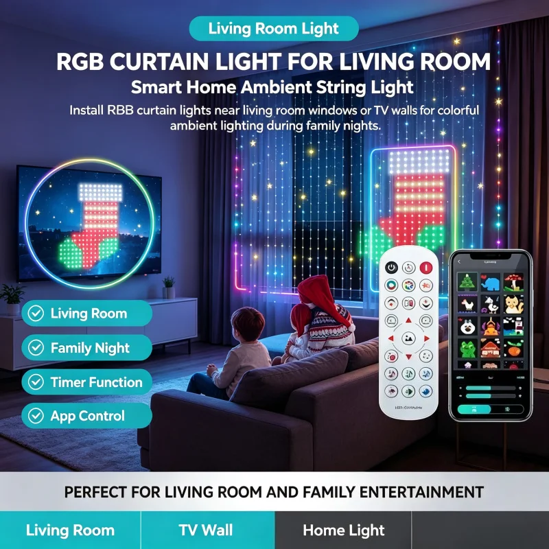 スマートカーテンライト、rgbリモコン、音楽連動タイマー、寝室、ソファ、テレビ、壁の装飾、クリスマスパーティー、ホリデー、ホームデコレーション、間接照明。